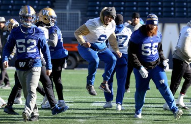 Kicker Justin Medlock reacts after his attempt to pants linebacker Manuel Hernandez-Reyes was foiled during Winnipeg Blue Bombers practice on Wed., Nov. 6, 2019. Kevin King/Winnipeg Sun/Postmedia Network
