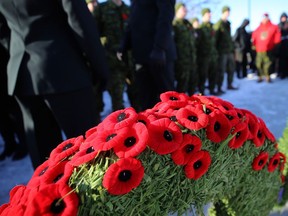 Poppies on a wreath during the Royal Winnipeg Rifles Association Remembrance Day Service at Vimy Memorial Park in Winnipeg on Mon., Nov. 11, 2019.