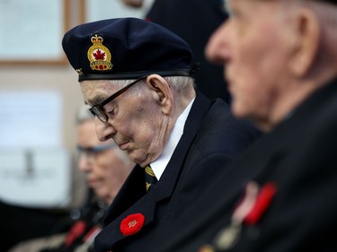 Veteran Edgar Clairmont bows his head during a Remembrance Day service at Deer Lodge Centre in Winnipeg on Mon., Nov. 11, 2019. Kevin King/Winnipeg Sun/Postmedia Network