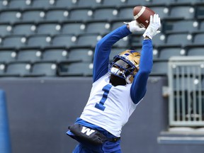 Receiver Darvin Adams goes up to make a catch during Winnipeg Blue Bombers practice.