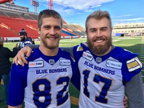 Quarterback Chris Streveler (right) and receiver Drew Wolitarsky at McMahon Stadium in Calgary after the Winnipeg Blue Bombers walkthrough on Saturday. The Blue Bombers take on the Hamilton Tiger-Cats in the 107th Grey Cup on Sunday.