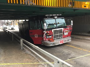 A Winnipeg Fire Paramedic Service fire truck was stolen and taken on a joyride through downtown Winnipeg on Friday, Nov. 29, 2019. Police said they Tasered the driver before taking him into custody. Investigators say the fire truck was parked after responding to a medical call when it was taken. It was finally stopped on Assiniboine Avenue under the Midtown Bridge.