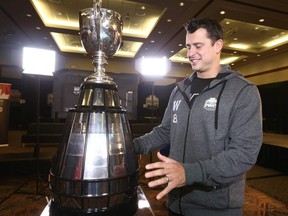 Winnipeg Blue Bombers QB Zach Collaros checks out the Grey Cup on Thursday. JIM WELLS/POSTMEDIA