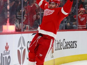 Detroit Red Wings' Dylan Larkin celebrates a goal last week against the Islanders. (GETTY IMAGES)