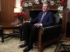 Manitoba Premier Brian Pallister fields questions during his year-end scrum with the media at the Manitoba Legislature in Winnipeg on Tuesday, Dec. 11, 2019. Josh Aldrich/Winnipeg Sun/Postmedia