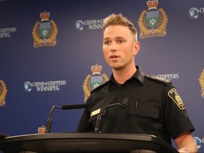 Cst. Jay Murray of the Winnipeg Police Service discusses the use of Special Duty Officers hired by private stores for security during a press conference at the WPS Headquarters in Winnipeg on Wednesday Dec. 11, 2019. Josh Aldrich/Winnipeg Sun/Postmedia