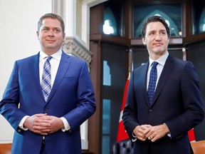 Prime Minister Justin Trudeau meets with Conservative Party leader and Leader of the Official Opposition Andrew Scheer on Parliament Hill on Nov. 12, 2019. (REUTERS/Patrick Doyle)