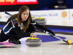 Skip Rachel Homan shoots during a game with Team Silvernagle during 2019 Home Hardware Canada Cup play at Sobey's Arena in the Leduc Recreation Centre in Leduc, on Wednesday, Nov. 27, 2019.