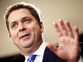 In this file photo taken on October 22, 2019 Conservative leader Andrew Scheer speaks at a press conference in Regina, Saskatchewan.