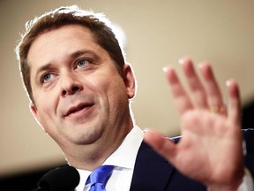 In this file photo taken on October 22, 2019 Conservative leader Andrew Scheer speaks at a press conference in Regina, Saskatchewan.