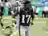 New England Patriots wide receiver Antonio Brown (17) celebrates against the Miami Dolphins at Hard Rock Stadium.
