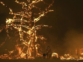 In this Saturday, Dec. 21, 2019, photo, NSW Rural Fire Service crew fight the Gospers Mountain Fire as it impacts a property at Bilpin, New South Wales state, Australia.