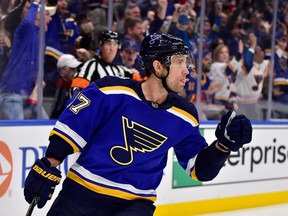 St. Louis Blues left wing Jaden Schwartz (17) celebrates after scoring against the Winnipeg Jets during the second period on Sunday in St. Louis.