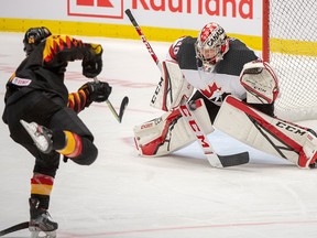 Canada's goaltender Joel Hofer stops Germany's John Peterka during second period action at the World Junior Hockey Championships on Monday, Dec. 30, 2019 in Ostrava, Czech Republic.