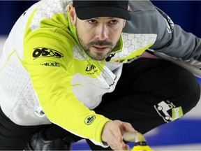 Team Epping skip John Epping makes a shot during the Home Hardware Canada Cup Men's final against Team Koe, in Leduc Sunday Dec. 1, 2019.