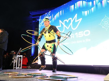 Hoop dancer Brian Clyne on stage during the Illuminate 150 event on the grounds of the Manitoba Legislative Building in Winnipeg, Man., on Saturday, Dec. 14, 2019. The Manitoba 150 host committee kicked off the 150-day countdown to Manitoba Day 2020.