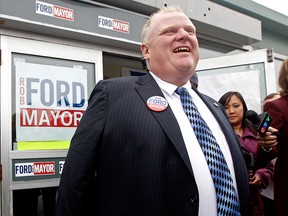 in this Oct. 24, 2010, then-Toronto mayoral candidate Rob Ford is seen at his campaign office in Toronto.