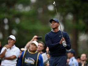 In this Oct. 21, 2019, file photo, Tiger Woods plays a tee shot on the 7th hole during The Challenge: Japan Skins golf competition at Accordia Golf Narashino Country Club in Chiba, Japan.