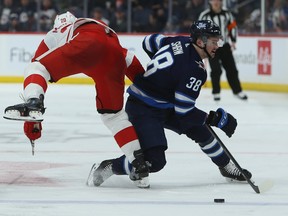 Winnipeg Jets forward Logan Shaw (right) is slowed by Detroit Red Wings defenceman Dylan McIlrath on Tuesday. Kevin King/Winnipeg Sun/Postmedia Network