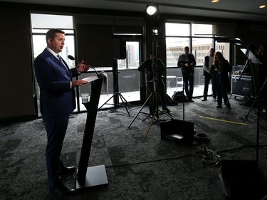 Conservative leader Andrew Scheer speaks during a media availability at the Radisson Hotel Winnipeg Downtown on Sun., Oct. 14, 2019. Kevin King/Winnipeg Sun/Postmedia Network ORG XMIT: POS1910141544332335
