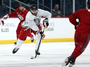 Blake Wheeler carries the puck during Winnipeg Jets practice on Monday.