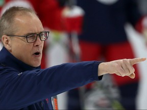 Head coach Paul Maurice provides direction during Winnipeg Jets practice, earlier this month.