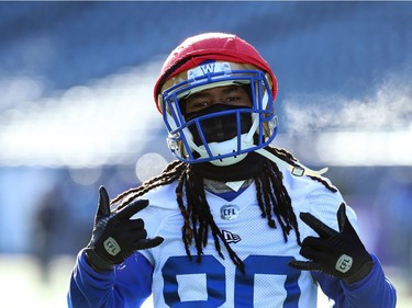 Returner Janarion Grant gestures during Winnipeg Blue Bombers practice on Thurs., Nov. 7, 2019. Kevin King/Winnipeg Sun/Postmedia Network ORG XMIT: POS1911071622138790