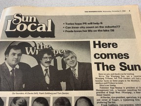 A photo of page 5 in the first issue of the Winnipeg Sun, which was published on Nov. 5 1980, shows the paper's founding executive team of Al Davies (left) vice-president of operations, Frank Goldberg (centre) vice-president of administration, and publisher Tom Denton.
Winnipeg Sun