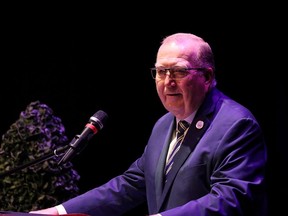 Manitoba Minister of Economic Development and Training Rich Eichler adresses the public during the unveiling of the Horizons Manitoba Report at the University of Winnipeg's Asper Centre for Theatre and Film on Friday.