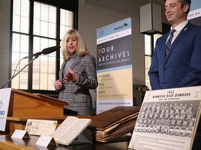 Manitoba Sport, Culture and Heritge Minister Cathy Cox and MLA Andrew Smith, helped the Archives of Manitoba kick off the Your Archives: The Histories We Share campaign to help celebrate the 150th anniversary of Manitoba becoming a province on Tuesday at the Archives of Manitoba in Winnipeg.
