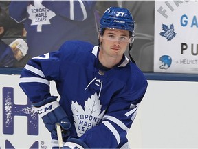 TORONTO, ON - DECEMBER 17:  Adam Brooks #77 of the Toronto Maple Leafs warms up prior to action against the Buffalo Sabres in an NHL game at Scotiabank Arena on December 17, 2019 in Toronto, Ontario, Canada.