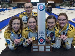 Langley B.C. January 26, 2020. New Holland Canadian Junior Curling Championship. Women's Final, Manitoba skip Mackenzie Zacharias, third Karlee Burgess, second Emily Zacharias, lead Lauren Lenentine, coach Sheldon Zacharias. PHOTO: Curling Canada/Michael Burns