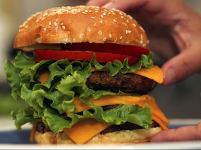 FILE PHOTO: A burger made with black beans and canola protein powder at Burcon's alternative meats protein lab in Winnipeg, Manitoba, Canada August 23, 2019. Picture taken August 23, 2019. REUTERS/Shannon VanRaes - RC1451FB84B0/File Photo ORG XMIT: FW1