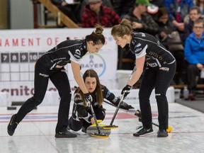 Skip Tracy Fleury delivers her shot on Friday, at the provincial women’s curling championship at Riverdale Community Centre in Rivers, Man.