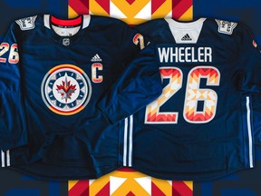 A redesigned Winnipeg Jets jersey in honour of Manitoba's Indigenous communities and cultures is shown in this undated handout photo. Singing the national anthem before a hockey game is a longstanding tradition, but at this Friday's Winnipeg Jets game, it will be sung in a non-traditional way. A group of Winnipeg students at Riverbend Community School will belt out the anthem in Ojibwe.