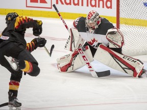 CP-Web.  Canada's goaltender Joel Hofer stops Germany's John Peterka during second period action at the World Junior Hockey Championships on Monday, December 30, 2019 in Ostrava, Czech Republic. THE CANADIAN PRESS/Ryan Remiorz ORG XMIT: RYR106