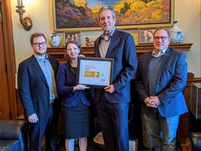 (Left to right) Jonathan Alward, CFIB, Director, Prairie Region; Laura Jones, CFIB, Executive Vice-President and Chief Strategic Officer; Manitoba Premier Brian Pallister, Manitoba Finance Minister Scott Fielding. CFIB’s executive vice-president, Laura Jones, joined Premier Brian Pallister in Winnipeg on Monday, Jan. 20, 2020 to present Manitoba with an early A grade. The Canadian Federation of Independent Business (CFIB) announced the Government of Manitoba received an A grade on the Red Tape Report Card for the third consecutive year.