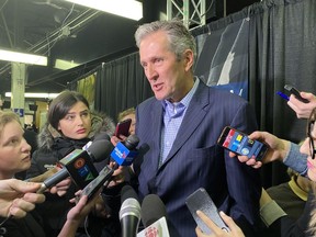 Manitoba Premier Brian Pallister talks to reporters in Brandon, Man., Tuesday, Jan.21, 2020. Pallister is pitching his plan for a carbon tax to agricultural producers as a much better alternative than the current federal one.
