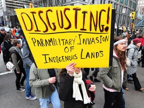 A street is blocked during an Indigenous led march in support of the Wet'suwet'en, who have set up of a checkpoint and camp in opposition to the TransCanada Coastal GasLink pipeline, in Vancouver, BC., January 8, 2019.  Postmedia Network files