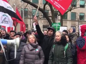 NDP MPPs Marit Stiles and Rima Berns-McGown are pictured at a rally outside the U.S. Consulate on Saturday where dead Iranian terrorist Qasem Soleimani was celebrated. Both elected officials showed up at the rally outside the U.S. Consulate on University Ave. where protesters showed support for Soleimani