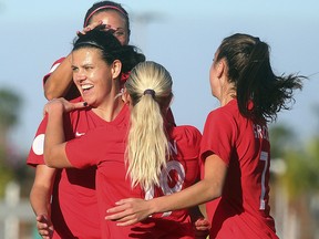 Canada's Christine Sinclair, front left, celebrates with teammates after scoring against St. Kitts and Nevis during a CONCACAF women's Olympic qualifying soccer match Wednesday, Jan. 29, 2020, in Edinburg, Texas. (Joel Martinez/The Monitor via AP)