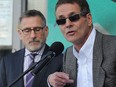 David Milgaard (right) speaks to the media along with his lawyer Greg Rodin (left) in Calgary, about wrongful convictions as he takes part in the launch of the first annual International Wrongful Conviction Day on Thursday October 2, 2014.