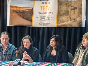 From left, Kyran Auger, of Keepers of the Water, Bonwen Tucker, Oil Change International, Batul Gulamhusein of Climate Justice Alberta and Nigel Henri Robinson with Beaverhillls Warriors held a press event to call on the Federal Environment Minister Jonathan Wilkinson to reject the proposal and recommended approval of the Teck Frontier Mine in Northern Alberta on Nov. 22, 2019.