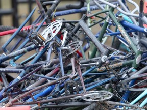 A pile of bicycle frames near a tent city in Winnipeg, photo made in late December 2019.   Thursday, January 02/2020 Winnipeg Sun/Chris Procaylo/stf