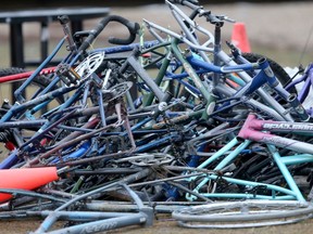 A pile of bicycle frames near a tent city in Winnipeg, photo made in late December 2019.   Thursday, January 02/2020 Winnipeg Sun/Chris Procaylo/stf