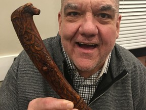 One of Hal Anderson's most prized possessions is a Viking walking stick given to me by Interlake carver Garth Meacham. You can see his work at vikingcarver.com.