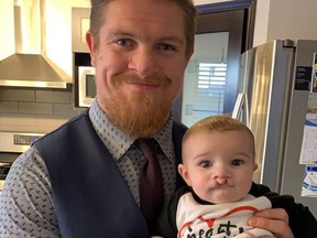 Winnipeg Blue Bombers linebacker Adam Bighill and his son Beau.