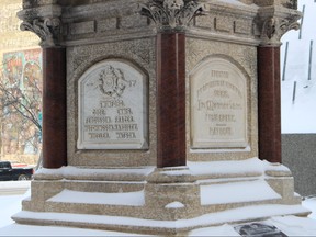 Winnipeg Mayor Brian Bowman says he personally questions the wording on this Battle of Batoche monument beside the Centennial Concert Hall in Winnipeg. Bowman said this is one of many landmarks he'd like to see addressed through a proposed renaming process, since the current plaques acknowledge the battle's loss of life for all but the Metis people involved. JOYANNE PURSAGA/ Winnipeg Sun/ Postmedia Network