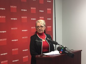 MGEU President Michelle Gawronsky addresses members of the media at a press conference in Winnipeg on Friday, regarding the Manitoba government’s decision to cancel plans to build a new jail in Dauphin and close the existing Dauphin Correctional Centre in May.