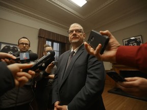 MLA Kelvin Goertzen  speaks to media at the Manitoba Legislative Building in Winnipeg on Thursday, Jan. 30, 2020 Chris Procaylo/Winnipeg Sun